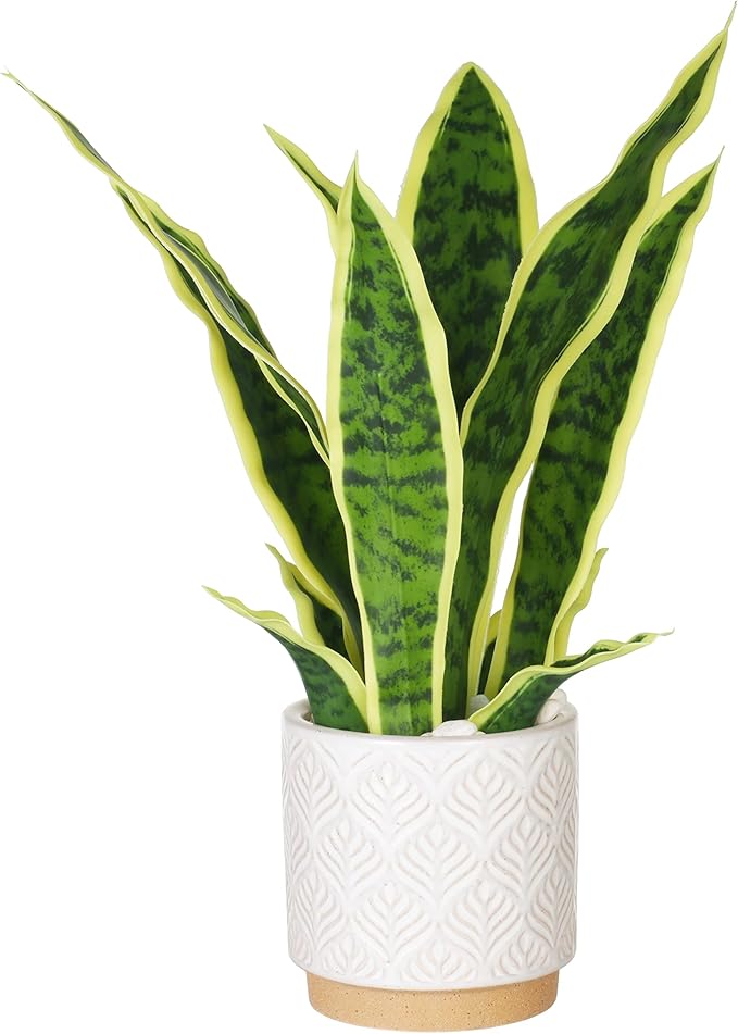 Artificial Snake Plant 16" with White Ceramic Pot Sansevieria Plant Fake Snake Plant Greenery Faux Plant in Pot for Home Office Living Room Housewarming Gifts Indoor Outdoor Decor-Yellow