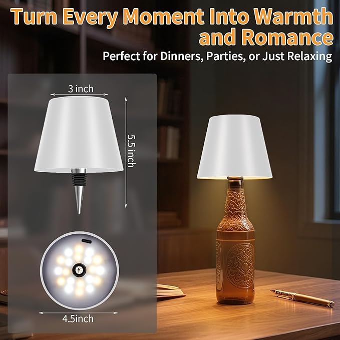 Rechargeable Wireless Bottle Lamp - 3 Color Stepless Dimmable, Metallic White Lampshade, 5H Bright Light or 48H Soft Glow,Ideal for Home Décor, Parties, Bar