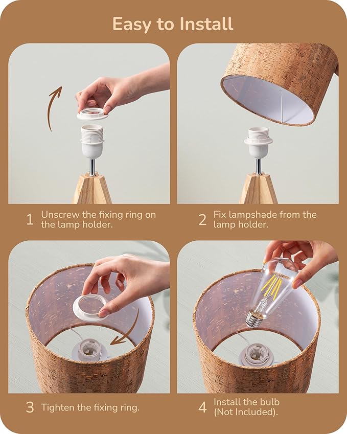 EDISHINE Small Table Lamp, Wooden Tripod Nightstand Lamp with Bark Linen Shade, Farmhouse Bedside Lamp for Nursery, Bedroom, Kids Room, Office, Reading Desk, 14.2 Inch, E26 Socket, ON/Off Switch