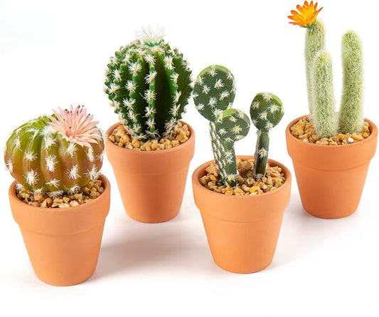 Oairse Mini Artificial Cactus Plants in Terracotta Pots 4 Pcs Potted Faux Succulents in Pots Fake Potted Plants Cactus Decor Small Artificial Plants for Home Decor Indoor Office Desk Tabletop Shelf