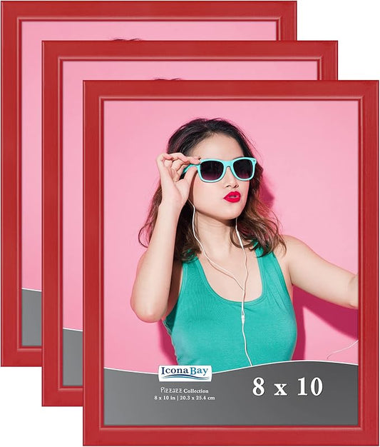 Icona Bay 8x10 Picture Frames (Red, 3 Pack), Colored Solid Wood Scandinavian Style Frames for Photo, Pizzazz Collection