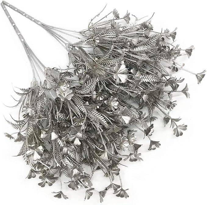 PASYOU Christmas Artificial Plants Decoration, Plastic Grass Faux Shrubs Simulation Flower Leaves Indoor Outdoor Home Garden Planter Filler Party Hotel Verandah Wedding DIY Decor - Silver 2 Pack