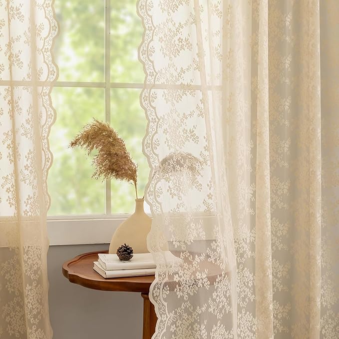 Beige 102 inch Long Curtains 2 Panels Victorian Sheer Lace Curtains for Living Room Home Office Light Filtering Window Treatments Ceiling to Floor for Large Window W52 X L102 Light Beige