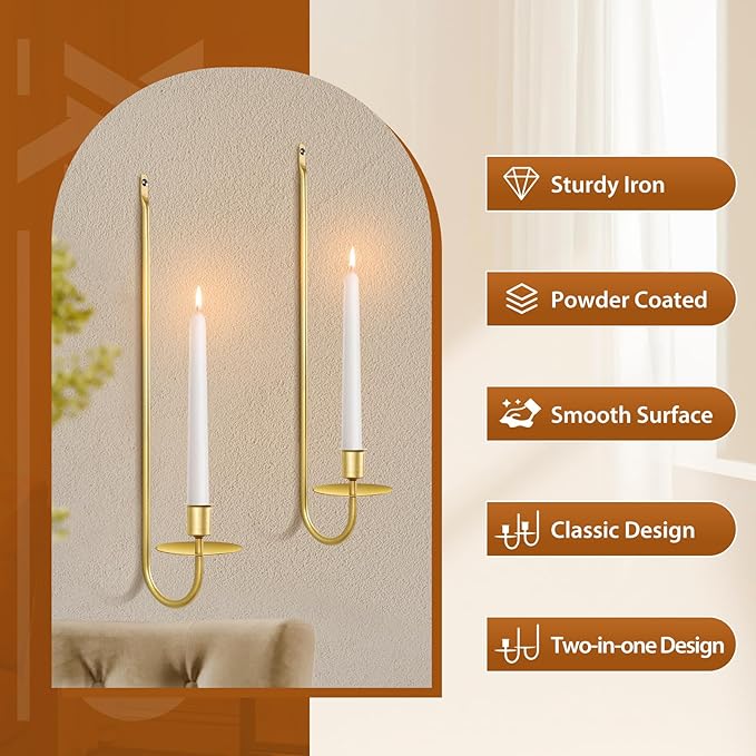 Gold Candle Sconces Set of 4, Taper & Pillar Wall Candle Holder, Gold Wall Decor, for Entryway, Fireplace, Stair Corner