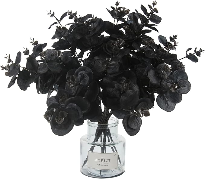 Tinsow 5 Pcs Black Artificial Eucalyptus Stems Faux Eucalyptuses Branches Black Leaf Halloween Centerpiece Halloween Home Decor (Black, 5)
