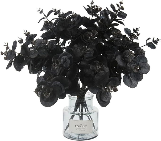 Tinsow 10 Pcs Black Artificial Eucalyptus Branches Stems Faux Eucalyptuses Real Touch Leaf Gathic Theme Party Bouquet Centerpiece Halloween Home Decor (Black, 10)