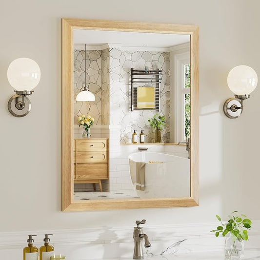 28x36 Inch Bathroom Mirror for Wall, Anti-Rust Oak Wood Grain Metal Framed Bathroom Mirrors for Over Sink,Rectangler Mirrors for Bathroom Vanity, Farmhouse, Bedroom, Living Room, Entryway Decor