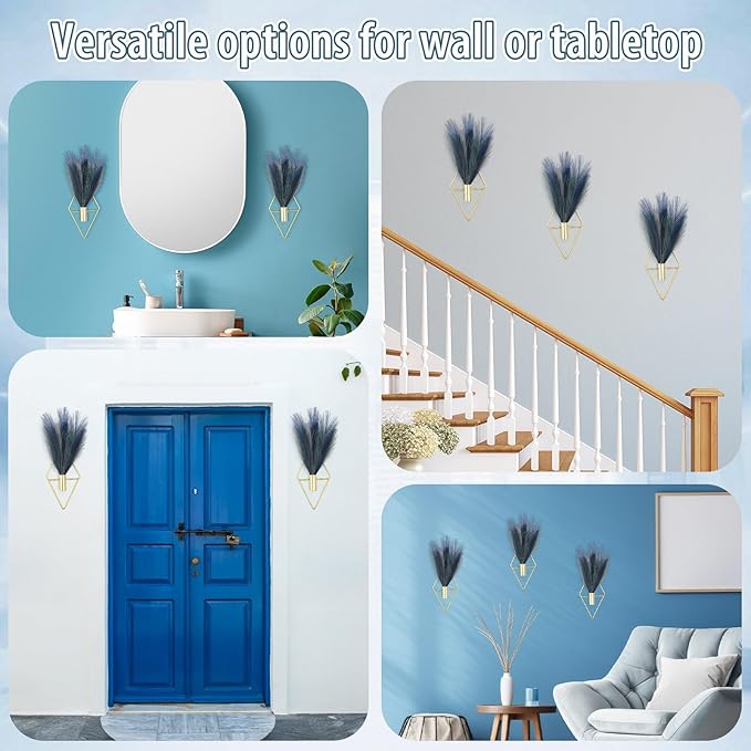 Hanaive 4 Sets Boho Wall Decor Metal Wall Art Hanging Planters with Artificial Pampas Display Modern Home Vase for Bedroom Home Office(Mazarine, Turquoise, Peacock Blue, Light Gray,Gradient Blue)