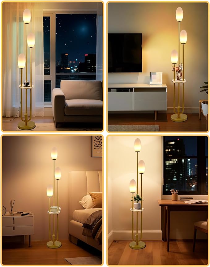 Lightdot Gold Dimmable Floor Lamp with Table, 63IN Mid-Century Oval Floor Lamps with Bulbs Included, 3-Lights Candle Holder Style Modern Tall Standing Lamp for Living Room/Sofa Beside/Corner Decor