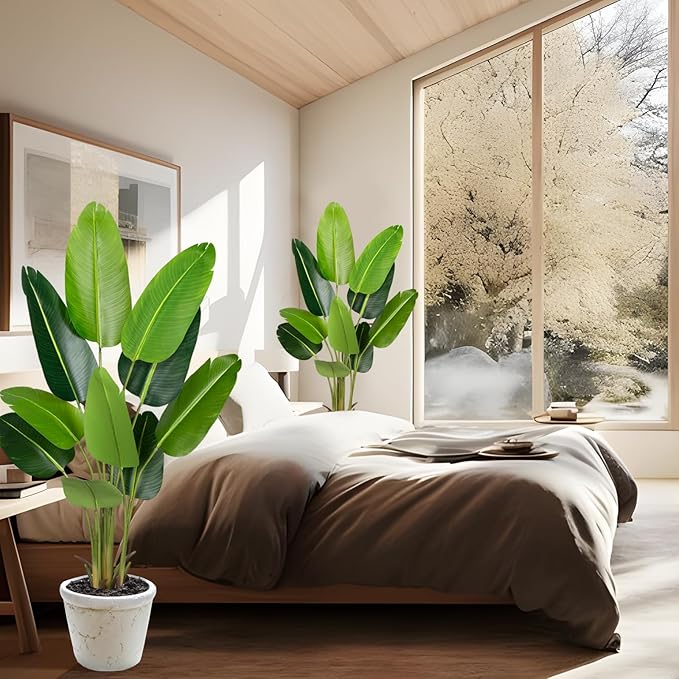 Artificial Bird of Paradise Plant 5.2Ft Fake Tropical Palm Tree with 10Trunks Faux Banana Leaf Trees in Pot for Home Indoor Outdoor Office Modern Decor Housewarming Gift（2Pcs）