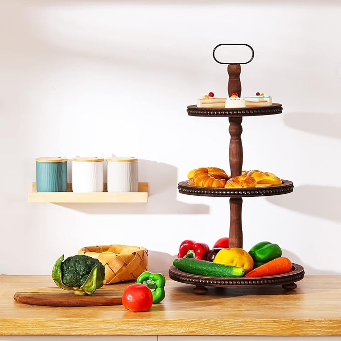 Urban Deco Wooden Tiered Tray 3-Tier Decorative Tray Stand Farmhouse Serving Tray, Round Wooden Cupcake Display Stand with Metal Handle, Brown Tiered Fruits Tray for Home Party Decorations