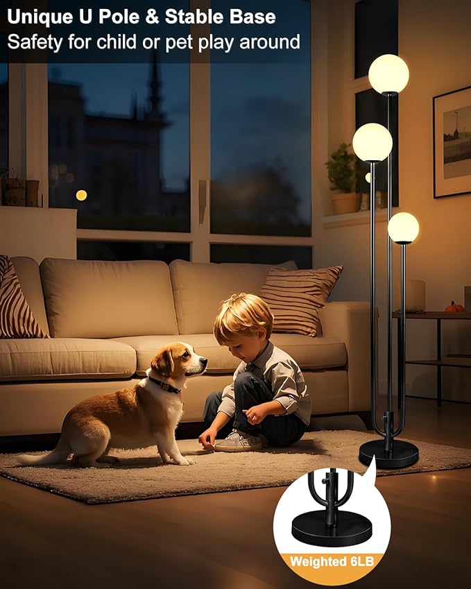 Lightdot 63IN Black Floor Lamp Dimmable with Candle Holder Style Mid Century Standing Lamps, 3000K Warm White Bulbs Included, Modern Globe Floor Lamp for Living Room/Bedroom/Sofa Beside/Corner Decor
