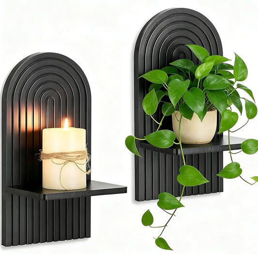 Black Boho Candle Sconces Decor: Set of 2 Wood Mid-Century Wall Candle Holder for Hallway Fireplace Bedroom - Arch Wall Shelf for Plants Pillars Candles