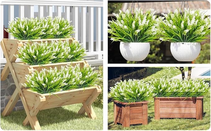 36 Bundles Artificial Plants Outdoor, 18.2" UV Resistant Faux Monkey Grass Greenery Stems No Fade Faux Plastic Flowers Shrubs for Home Weddings Garden Porch Front Patio Office Decor- White
