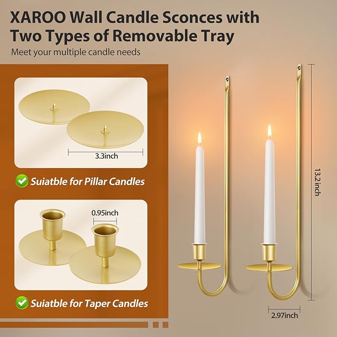 Gold Candle Sconces Set of 4, Taper & Pillar Wall Candle Holder, Gold Wall Decor, for Entryway, Fireplace, Stair Corner