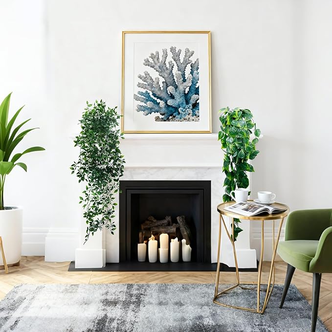 Artificial Hanging Plants for Shelf, 2-Pack Fake Potted Greenery Faux Mandala and Pothos Ivy Vines in Black Pot, Décor for Office Living Room Bathroom Indoor Outdoor