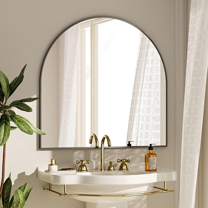 VooBang Wide Arched Wall Mirror, 31 x 32 inch Arch Bathroom Mirror, Wall Mounted Vanity Mirror with Arch Metal Frame, Modern Bathroom Vanity Mirror for Bedroom, Living Room, Hanging or Leaning, Black