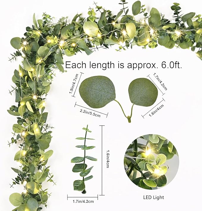 Dolicer 6 Packs 6FT Artificial Eucalyptus Garland with LED Light String, Faux Greenery Garland Hanging Fake Silver Dollar Eucalyptus Leaves Vines for Wedding Backdrop Arch Table Wall Party Home Decor