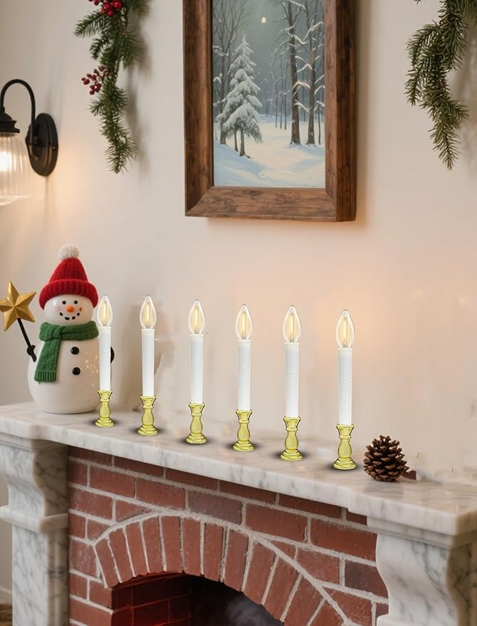 10 Pack Christmas Window Candles Lights, Battery Operated Flameless Candles with C26 LED Bulbs, 6-18H Timed Christmas Electric Candle Holders for Indoor Window Wedding Party Xmas Decor, Gold Base