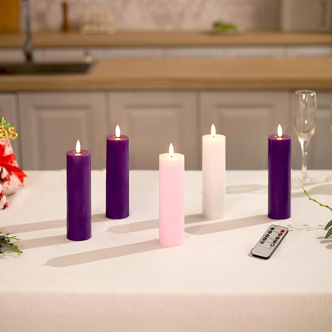 Pillar Advent Candles Set of 5, Battery Operated Advent Candle Set with Remote and Timer, 2x7 Pink and Purple Pillar Candle Set, Flameless Advent Candles for Advent Wreath Pillar Candle Holder