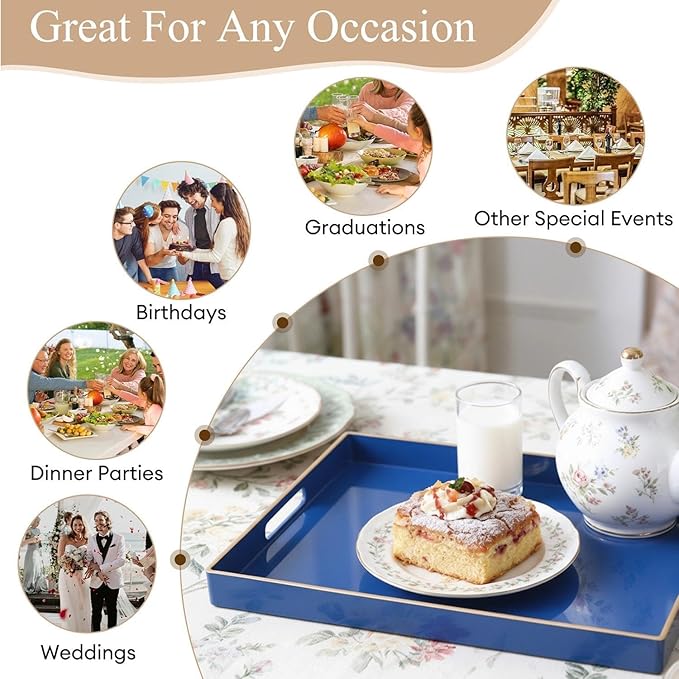 Zosenley Decorative Tray, Rectangular Plastic Tray with Handles, Modern Vanity Tray and Serving Tray for Bathroom, Kitchen, Ottoman and Coffee Table, 15.6” x 10.2” (Drak Blue)