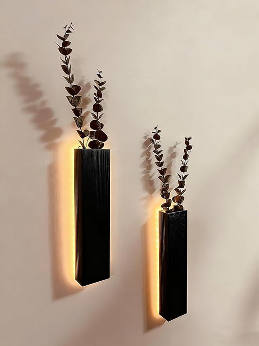 Artificial Eucalyptus with LED Lights Wall Planters Rustic Wall Decor with Lights Fake Vines for Home Decor Bedroom Living Room Bathroom Hanging Vase for Dried Flowers Faux Plants (Black)