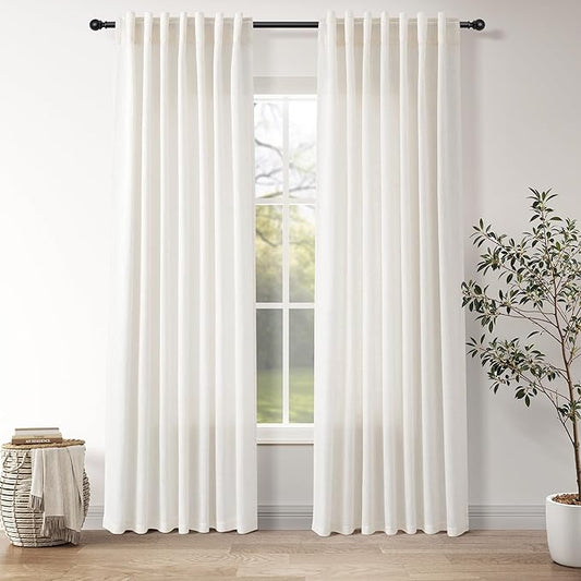 Ivory White Linen Back Tab Curtains 84 Inch Length for Bedroom/Living Room 2 Panel Set Neutral Modern Farmhouse Window Privacy Semi Sheer Linen Drapes Rustic Pinch Curtain Ivory 52X84