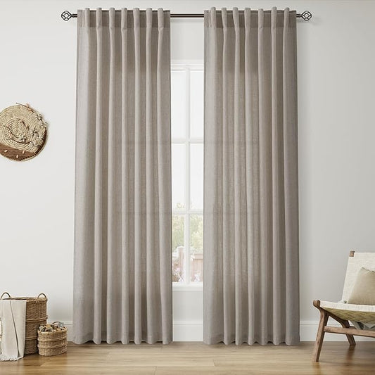 Nanspring Grey Beige Linen Curtains 84 Inches Long for Living Room Light Filtering Semi Sheer Curtain Back Tab Simple Modern Elegant Neutral Luxury Boho Gray Drapes for Bedroom 52x84, 2 Panels