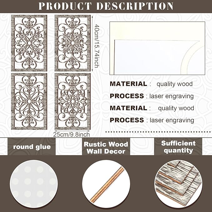 Yulejo 4 Pcs Thicken Rustic Wall Decor Modern Farmhouse Art Decor Wooden Hollow Carved Design Rustic Art for Living Room Hallway Decor Office Kitchen Wall