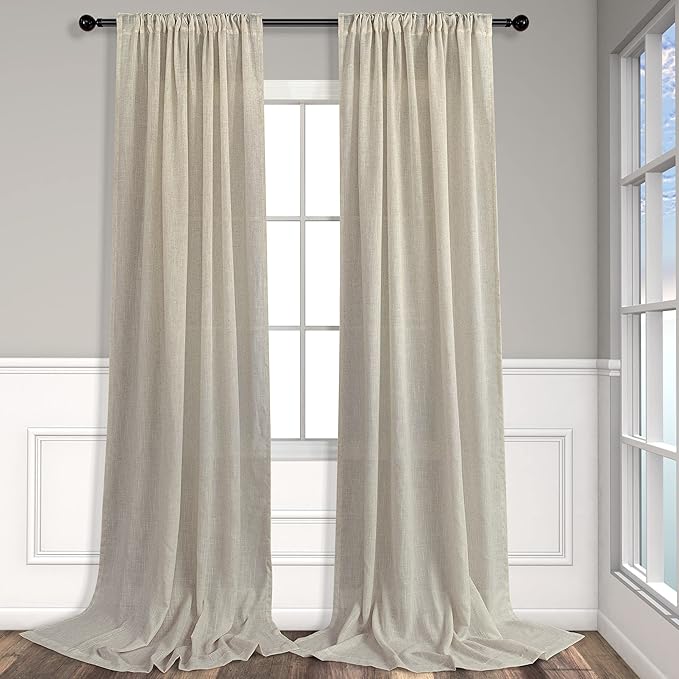 Flax Linen Curtains 108 Inches Long for Kids Room 2 Panels Back Tab Pocket Window Draperies Light Filtering Semi Privacy Beige Sheer Curtains for Living Room Sliding Door Track Cotton Canvas Look 9 FT