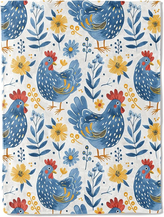 Farmhouse Rooster Throw Blanket 60x80 in, Blue Chicken Flowers Blankets for Couch Bedroom Living Room Indoor Decor, Lightweight Soft Cozy Bedding Birthday Gift for Kids Boys Adults