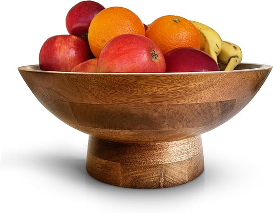 Brown Pedestal Bowl - 12 Inch, Wide Brown Footed bowl as Fruit, Key, Decorative, Candy Holder or Centerpiece, Wooden Bowl Decorative for Kitchen, Dining Table & Modern Home Accessories