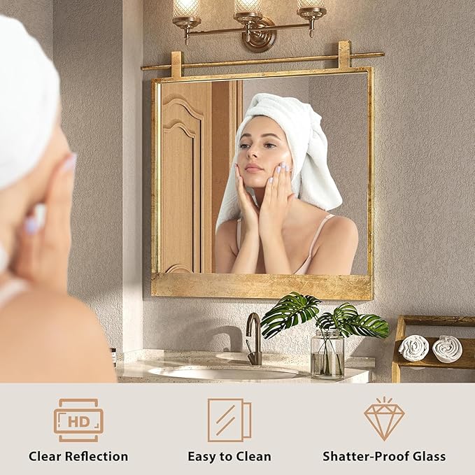 Gold Bathroom Mirror 24" x 24" Brushed Gold Square Rustic Rectangle Metal Framed Barn Door Farmhouse Bathroom Vanity Mirror for Over Sink, Foyer Entryway Decor