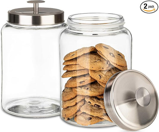 1 Gallon Large Glass Cookie Jar with Airtight Metal Lids - Food Storage Container for Freshness - For Flour, Chewy Pet Treats, Candy, Kitchen Counter Decorative or Laundry Room - Pack of 2