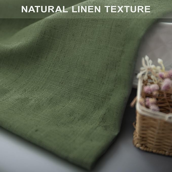 Olive Green Linen Curtains 84 Inch Length for Living Room 2 Panels Back Tab Pocket Moss Green Boho Drapes Light Filtering Sheer Cotton Neutral Aesthetic Army Green Boho Curtains for Bedroom 52x84 Long