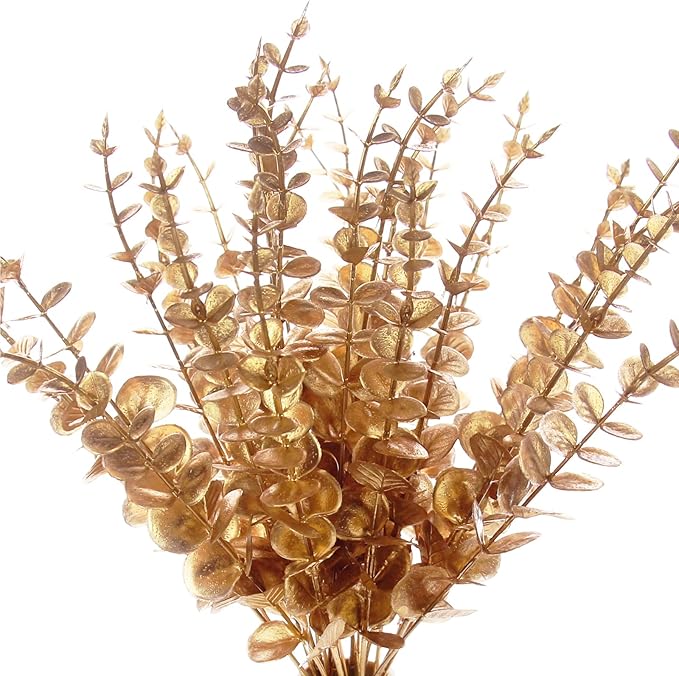 Tinsow 26pcs Artificial Eucalyptus Stems Gold Faux Eucalyptuses Branch Real Touch Leaf Wedding Bouquet Minimalist Fall Home Decor
