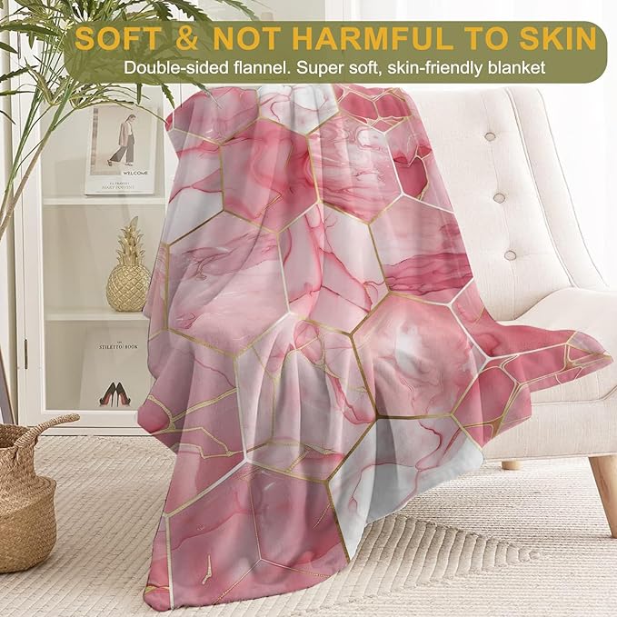 Elegant Marble Throw Blanket 50x60 in, Luxurious Pink Hexagon Blankets for Couch Bedroom Living Room Indoor Decor, Lightweight Soft Cozy Bedding Birthday Gift for Kids Girls Adults