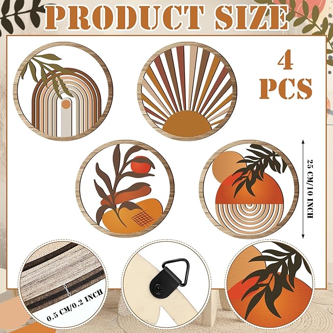 Qunclay 4 Pcs Boho Wall Art Bohemian Wooden Round Circle Wall Decor Hollow out Hanging Farmhouse Aesthetic for Bedroom Living Room Bathroom Bedroom Bathroom Patio Apartment Gift 10 Inch(Stylish)