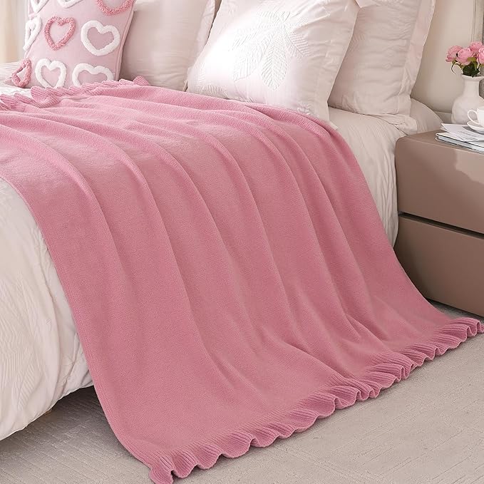 Amélie Home Ultra Soft Ruffle Knit Chenille Throw Blanket for Couch & Bed, Cozy Flowers Blankets for Home Decor, Gifts for Women Mom Sister on Mother's Day Valentine's Day Birthday, 50"x60", Pink