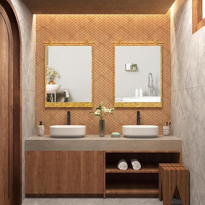 Gold Bathroom Mirror 16" x 24" Rustic Rectangle Metal Framed Barn Door Farmhouse Bathroom Vanity Mirror for Over Sink, Foyer Entryway Decor