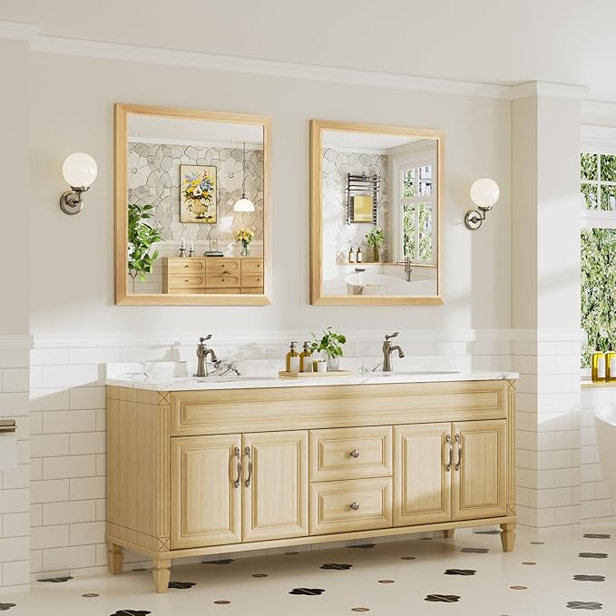 36x32 Inch Bathroom Mirror for Wall, Anti-Rust Oak Wood Grain Metal Framed Bathroom Mirrors for Over Sink,Rectangler Mirrors for Bathroom Vanity, Farmhouse, Bedroom, Living Room, Entryway Decor