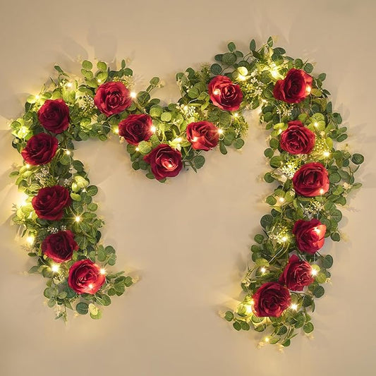 Dolicer 2Pcs 13Ft Artificial Eucalyptus Garlands with Flowers - 8 Roses, Faux Floral Greenery Garlands with 13Ft String Lights Fake Flowers Vines for Wedding Table Centerpieces Arch Party Decor (Red)