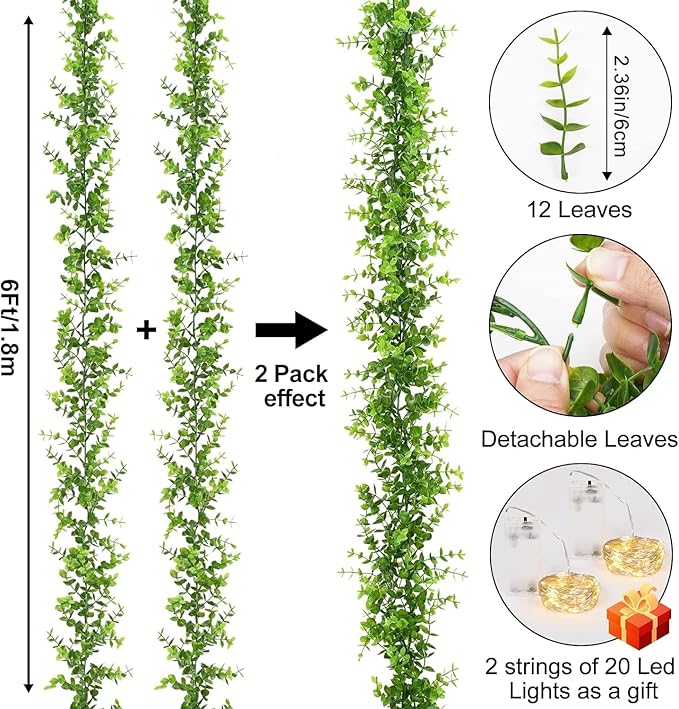 Dolicer 3 Packs Eucalyptus Garland with LED Lights String, 18FT Faux Eucalyptus Greenery Garland, Artificial Hanging Green Eucalyptus Leaves Vine Wedding Backdrop Arch Wall Table Decor (Grey Green)