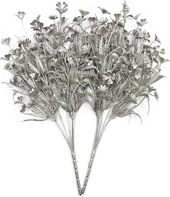 PASYOU Christmas Artificial Plants Decoration, Plastic Grass Faux Shrubs Simulation Flower Leaves Indoor Outdoor Home Garden Planter Filler Party Hotel Verandah Wedding DIY Decor - Silver 2 Pack