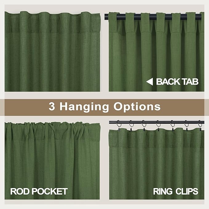 Olive Green Linen Curtains 84 Inch Length for Living Room 2 Panels Back Tab Pocket Moss Green Boho Drapes Light Filtering Sheer Cotton Neutral Aesthetic Army Green Boho Curtains for Bedroom 52x84 Long
