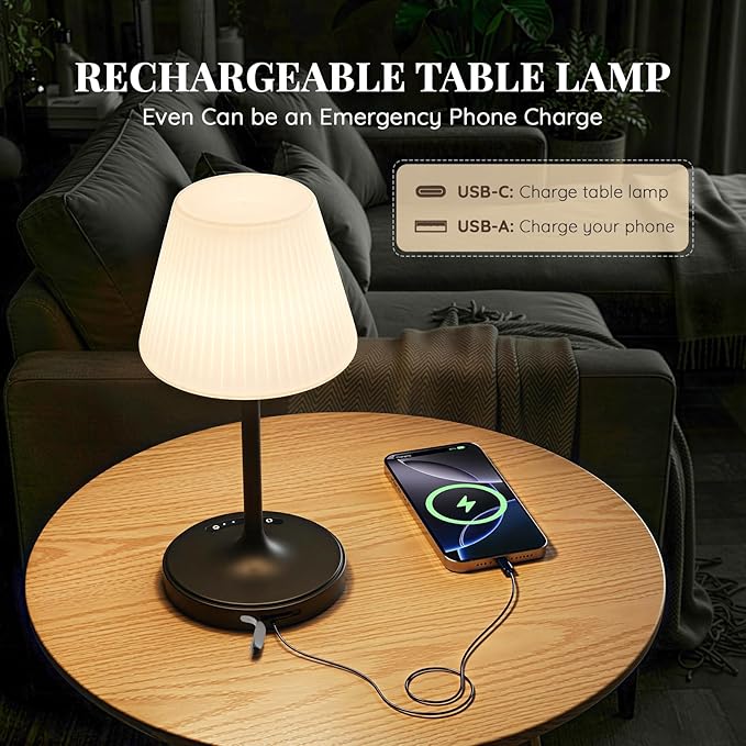 Cordless Table Lamp, Waterproof Shower Lamp, 4000mAh Rechargeable Table Lamps, 3-Color Dimmable Light, Battery Operated Lamp Desk Night Lamp for Bathroom Bedroom Patio Camping Restaurant (Black)