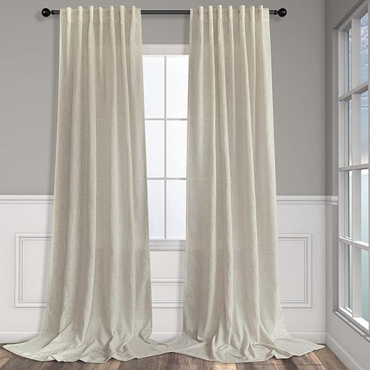 Flax Linen Curtains 96 Inches Long for Bedroom 2 Panels Back Tab Pocket Primitive Burlap Farmhouse Drape Sack Tweed Canvas Cloth Look Semi Sheer Tan Beige Curtains for Living Room Neutral Earth Tone