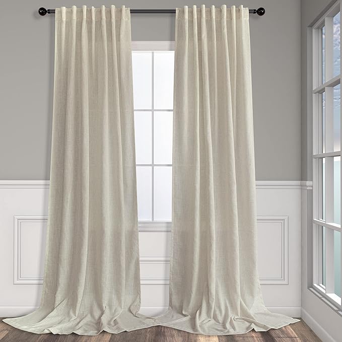 Flax Linen Curtains 108 Inches Long for Kids Room 2 Panels Back Tab Pocket Window Draperies Light Filtering Semi Privacy Beige Sheer Curtains for Living Room Sliding Door Track Cotton Canvas Look 9 FT