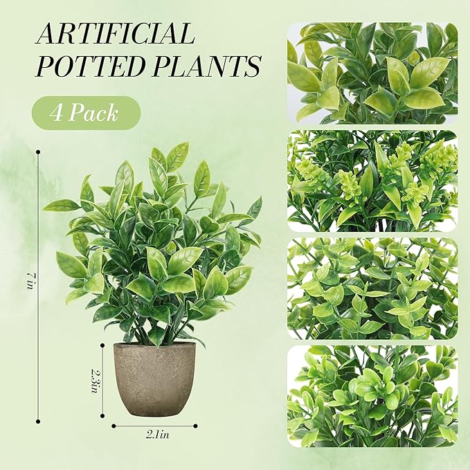 Der Rose 4 Pack Mini Artificial Plants Indoor in Pots Mixed Fake Plants Greenery Set for Bathroom Decor Shelf Counter Styling Office Desk Farmhouse Room Decor