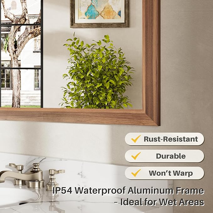 48x36 Inch Bathroom Mirror for Wall, Anti-Rust Walnut Wood Grain Metal Framed Bathroom Mirrors for Over Sink,Rectangler Mirrors for Bathroom Vanity, Farmhouse, Bedroom, Living Room, Entryway Decor